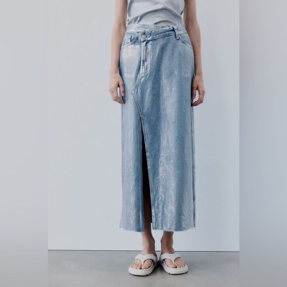 ZARA TRF METALLIC DENIM ASYMMETRIC SKIRT NWT - Picture 2 of 16